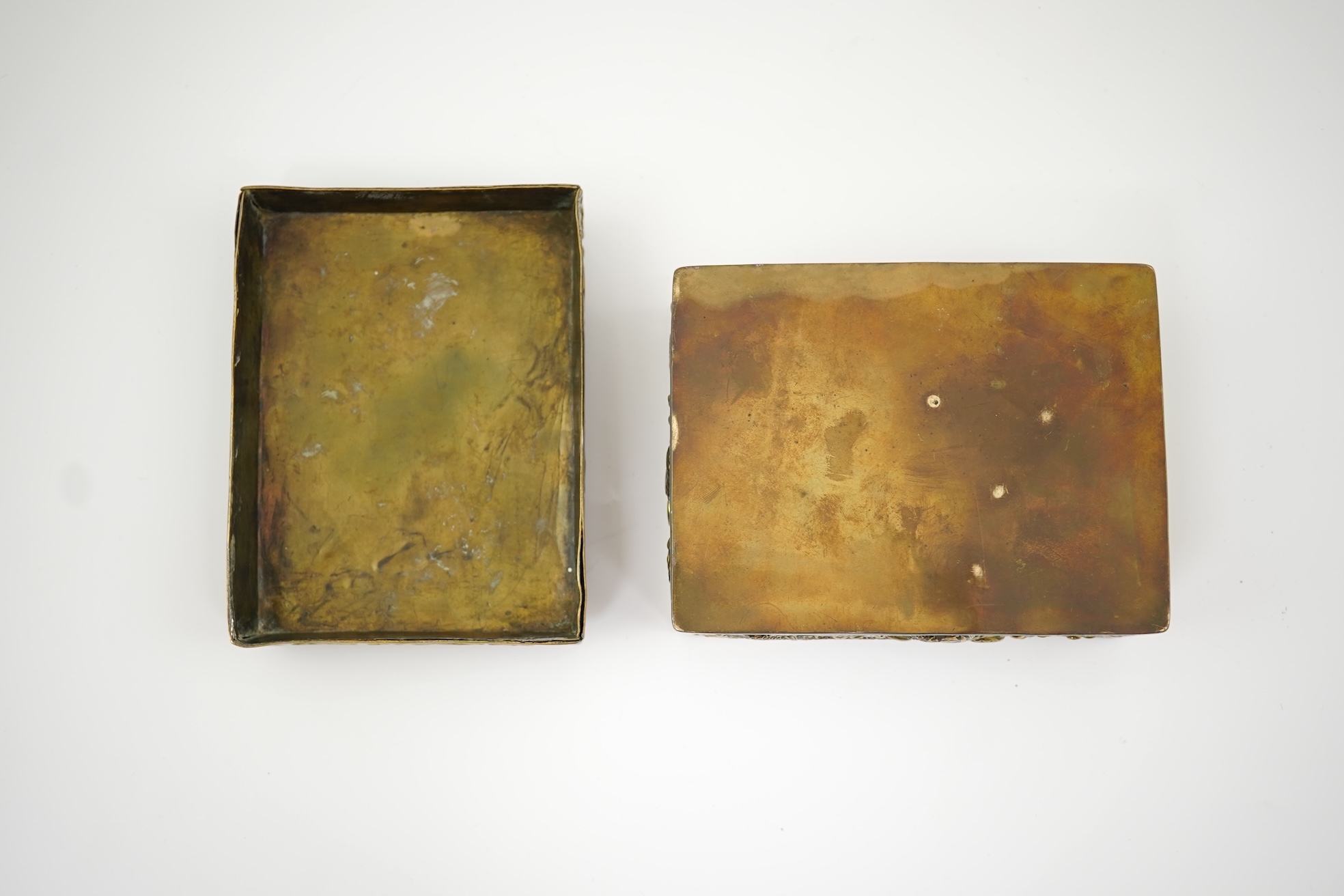 A Chinese brass 'dragon' box, inset with a 17th/18th century jade plaque